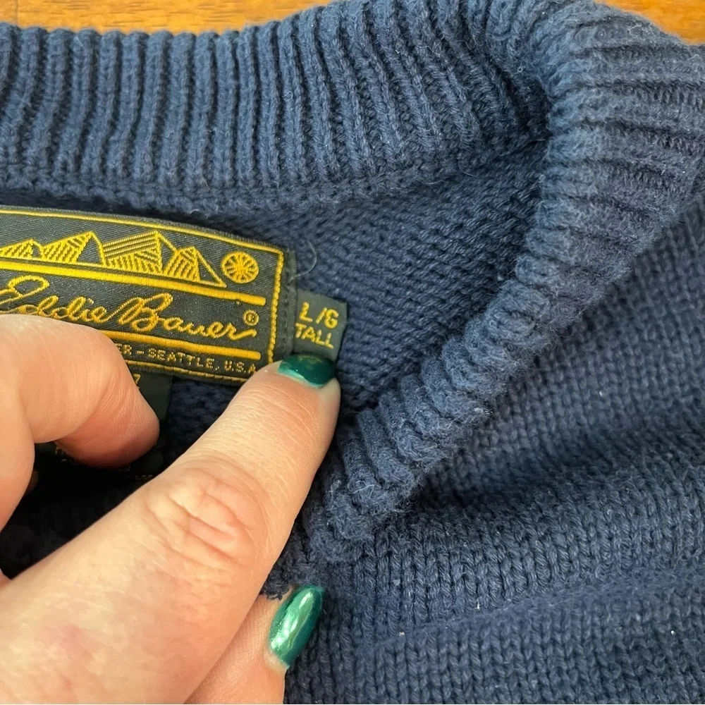 Eddie Bauer 100% cotton cable knit navy sweater size large tall - Picture 3 of 7